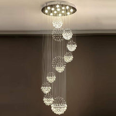 Siljoy Modern Spiral Sphere Raindrop Crystal Chandelier Lighting Large Raindrop Flush Mount Ceiling Lights for Staircase D31.5 x H71