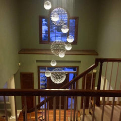 Siljoy Modern Spiral Sphere Raindrop Crystal Chandelier Lighting Large Raindrop Flush Mount Ceiling Lights for Staircase D31.5 x H71