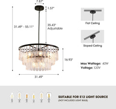Siljoy Modern Mable Textured Glass Chandelier, 31.49" Large Round Chandelier for Dining Room, 12-Light Creative Pendant Light Fixtures, 3 Tiers Luxury Black Crystal Chandeliers for Kitchen Living Room