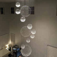 Siljoy Modern Spiral Sphere Raindrop Crystal Chandelier Lighting Large Raindrop Flush Mount Ceiling Lights for Staircase D31.5 x H71