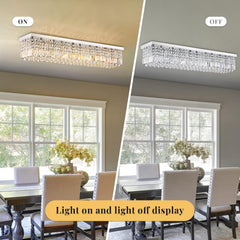 Siljoy Modern Crystal Chandelier 10-Lights Rectangular Flush Mount Pendant Ceiling Light Fixture Rectangle K9 Crystal Raindrop Chandelier for Dining Living Room Kitchen Island L47'' x W10'' x H10'