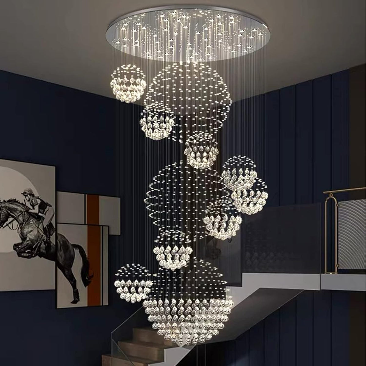 Siljoy Modern Foyer Chandeliers for High Ceiling, Large Staircase Chandelier with Spiral Sphere Design, Raindrop Crystal Chandelier Flush Mount Ceiling Light for Entryway Living Room W31.5 X H110