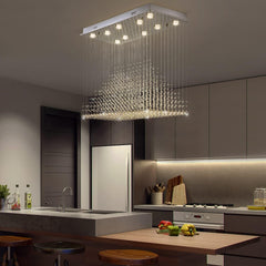 Siljoy Large Chandeliers for High Ceilings, Rectangular Flush Mount Chandeliers Ceiling Light, Modern Crystal Raindrop Chandelier for Kitchen Island Entrance Foyer Staircase L 40" x W 20" x H 36"