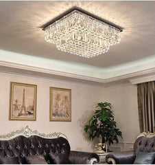 Siljoy Large Crystal Chandelier Modern Rectangular Raindrop Gold Chandeliers K9 2-Tier Chandelier Light Fixtures Luxury Chandeliers for High Ceiling Foyer Living Room Bedroom L35.4 x W27.6 x H14