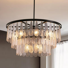 Siljoy Modern Mable Textured Glass Chandelier, 31.49" Large Round Chandelier for Dining Room, 12-Light Creative Pendant Light Fixtures, 3 Tiers Luxury Black Crystal Chandeliers for Kitchen Living Room