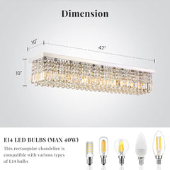 Siljoy Modern Crystal Chandelier 10-Lights Rectangular Flush Mount Pendant Ceiling Light Fixture Rectangle K9 Crystal Raindrop Chandelier for Dining Living Room Kitchen Island L47'' x W10'' x H10'