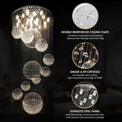 Siljoy Modern Foyer Chandeliers for High Ceiling, Large Staircase Chandelier with Spiral Sphere Design, Raindrop Crystal Chandelier Flush Mount Ceiling Light for Entryway Living Room W31.5 X H110