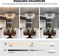 Siljoy Modern Mable Textured Glass Chandelier, 31.49" Large Round Chandelier for Dining Room, 12-Light Creative Pendant Light Fixtures, 3 Tiers Luxury Black Crystal Chandeliers for Kitchen Living Room