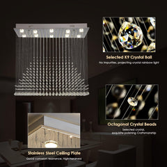 Siljoy Large Chandeliers for High Ceilings, Rectangular Flush Mount Chandeliers Ceiling Light, Modern Crystal Raindrop Chandelier for Kitchen Island Entrance Foyer Staircase L 40" x W 20" x H 36"