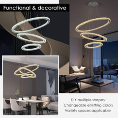 Modern Crystal Chandeliers for High Ceilings, 5 Rings Led Chandelier Pendant Light Fixture 3 Colors Adjustable, Gold Chandelier for Foyer Dining Room Bedroom Living Room Staircase, D8"-12"-16"-20"-24"