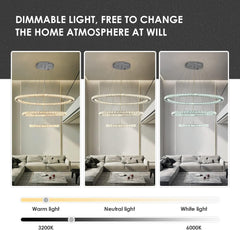 Modern Crystal Chandeliers for High Ceilings, 5 Rings Led Chandelier Pendant Light Fixture 3 Colors Adjustable, Gold Chandelier for Foyer Dining Room Bedroom Living Room Staircase, D8"-12"-16"-20"-24"