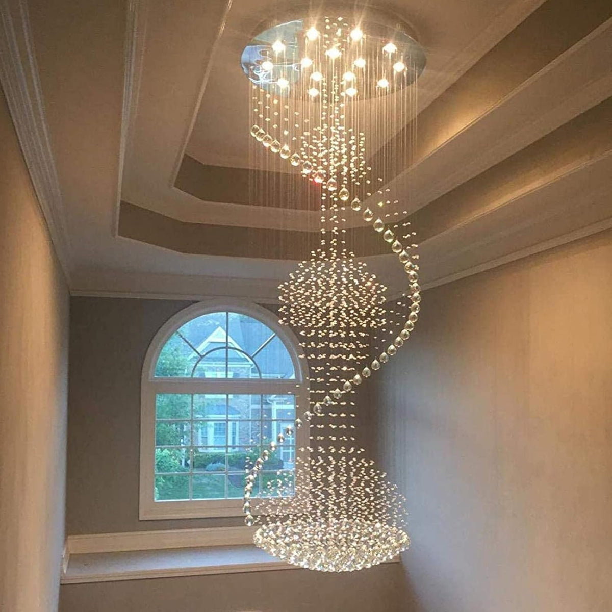 SILJOY Foyer Chandeliers for High Ceilings, Large Staircase Modern High Ceiling Crystal Chandeliers, Flush Mount Spiral Chandelier, Luxury Raindrop Ceiling Light for Living Room Entryway D 32" X H 94"