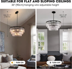 Siljoy Modern Mable Textured Glass Chandelier, 31.49" Large Round Chandelier for Dining Room, 12-Light Creative Pendant Light Fixtures, 3 Tiers Luxury Black Crystal Chandeliers for Kitchen Living Room