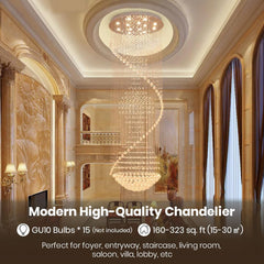 SILJOY Foyer Chandeliers for High Ceilings, Large Staircase Modern High Ceiling Crystal Chandeliers, Flush Mount Spiral Chandelier, Luxury Raindrop Ceiling Light for Living Room Entryway D 32" X H 94"