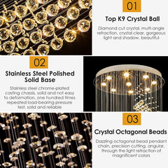 Siljoy Modern Spiral Staircase Chandelier Large Rain Drop Crystal Flush Mount Ceiling Light Fixture 10-Lights W32 X H100